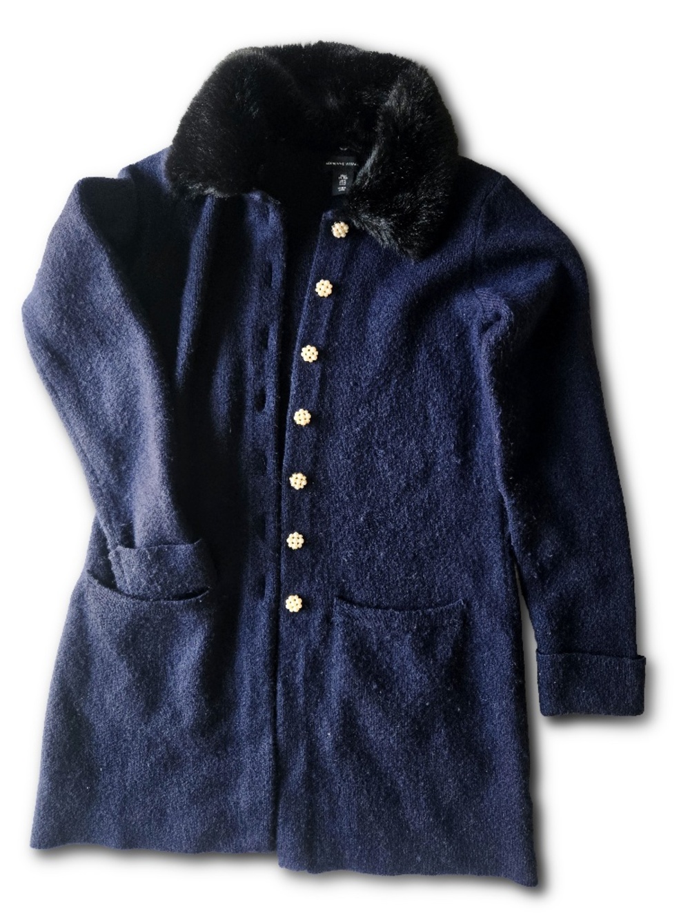 Adrienne Vittadini Navy Knit Faux Fur Collar Sweater Ccardigan - Picture 3 of 14